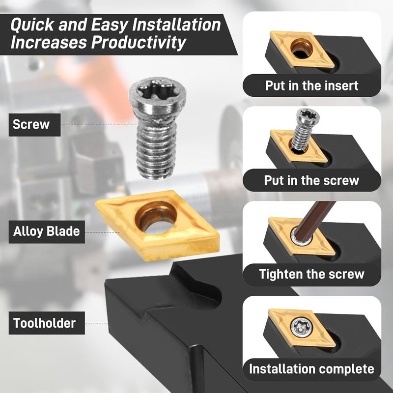 Joogto Indexable Lathe Turning Tool 27Pcs Kit 1/2'' 12mm Shank, 9Pcs Metal Lathe Tools Holder Set with 18Pcs Inserts, for Turning Grooving Threading Boring, lathe tooling with reverse tool design - Image 5